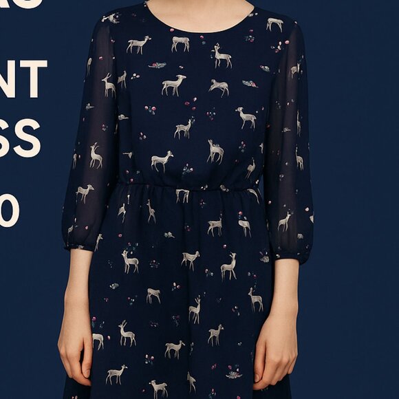 Poem by Oliver Bonas Navy Deer Print Chiffon Dress | Size US 6 / UK 10 - Picture 7 of 7